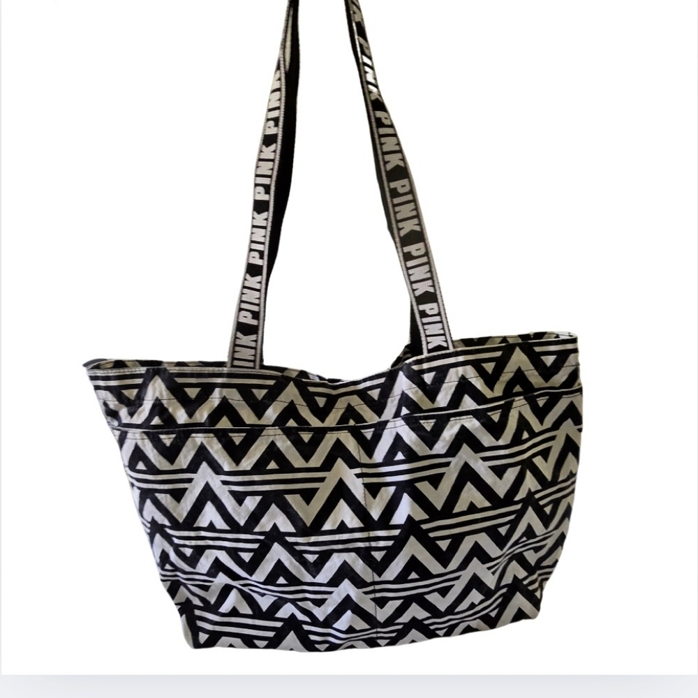 Victoria's Secret PINK Carryall Tote Black White Large Beach Bag Shoulder Purse